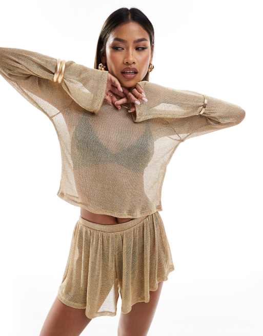 ASOS DESIGN - Top van jersey maliënkolder met lange mouwen in goud, deel van co-ord set