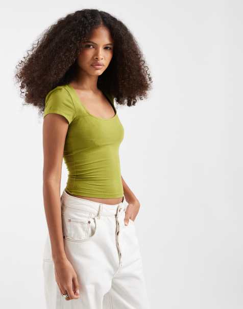 ASOS DESIGN - Top van katoen met vierkante hals en kapmouwtjes in groen - view 1