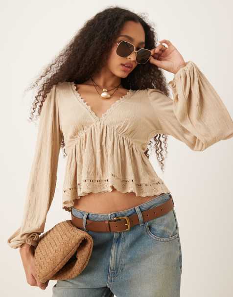 ASOS DESIGN - Top van kreukelstof met ballonmouwen en gestrikte achterkant en kanten rand in stone - view 1