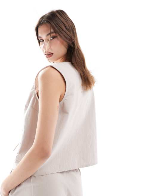 ASOS DESIGN - Top van kreukelstof met gestrikte voorkant in stone, deel van co-ord set, 4 van 4