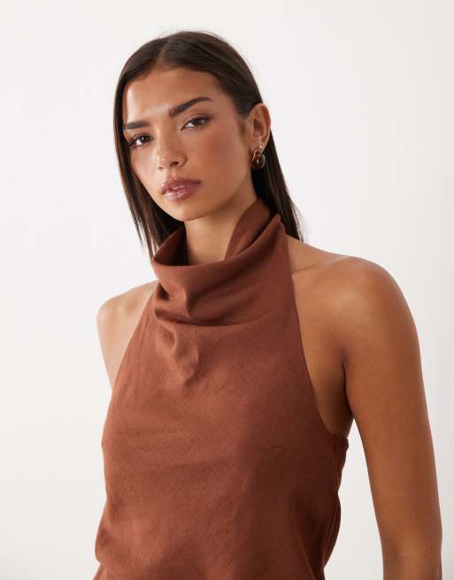 ASOS DESIGN top van linnenmix met gedrapeerde halternek in chocoladebruin, 4 van 4