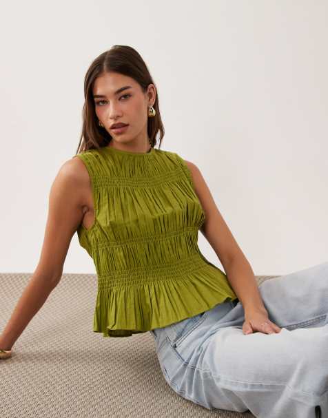 ASOS DESIGN top van linnenmix met smokwerk in donker limoengroen - view 1