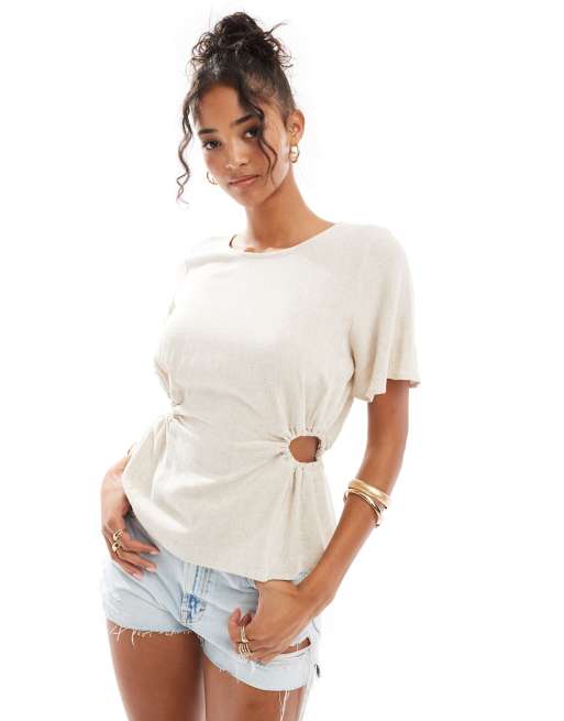 ASOS DESIGN - Top van linnenmix met uitsnijding in naturel