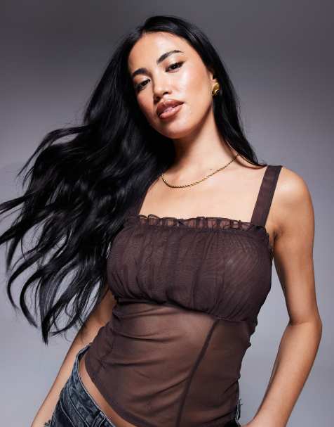 ASOS DESIGN - Top van mesh en ruches met naaddetail in chocoladebruin, deel van co-ord set - view 1