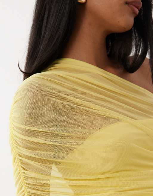 ASOS DESIGN - Top van mesh met blote schouder en rimpeleffect in geel, 2 van 4