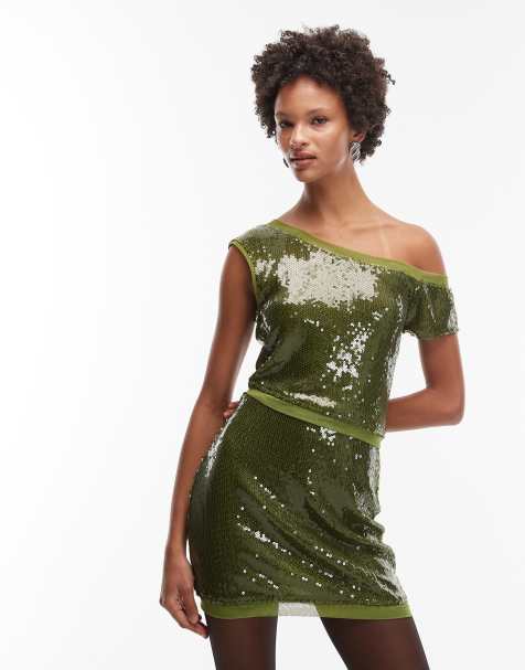 ASOS DESIGN - Top van mesh met blote schouders en lovertjes in olijfgroen, deel van co-ord set - view 1