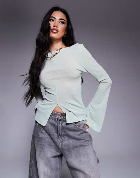 ASOS DESIGN - Top van mesh met boothals, uitlopende lange mouwen en splitdetail aan de voorkant in mintgroen - view 1
