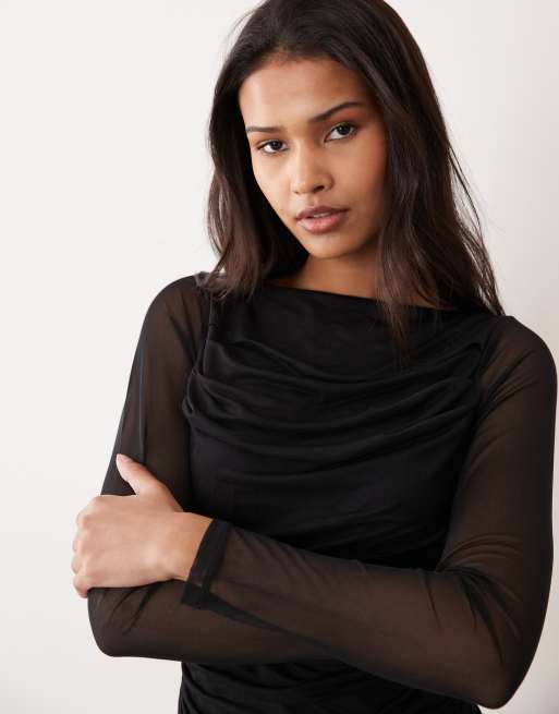 ASOS DESIGN - Top van mesh met gedrapeerde boothals en lange mouwen in zwart , 3 van 4