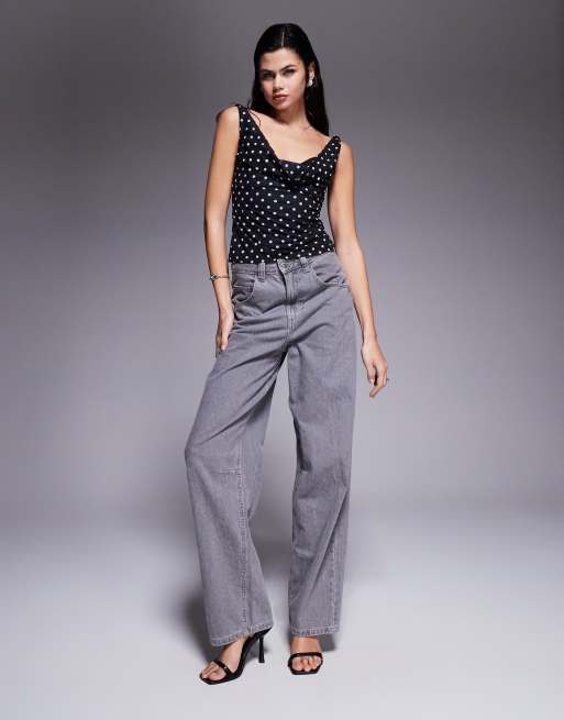 ASOS DESIGN - Top van mesh met gedrapeerde halslijn in zwart met stippen, 4 van 4