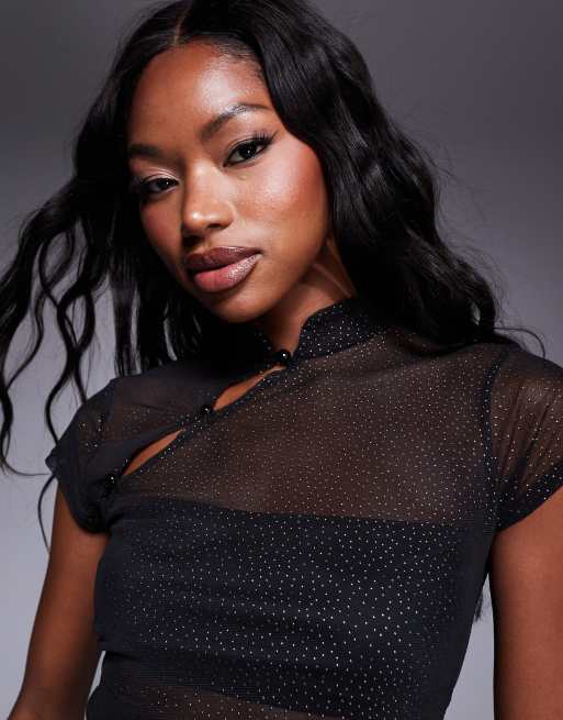 ASOS DESIGN - Top van mesh met glitter, korte mouwen en rouleau knopen in zwart, 4 van 4