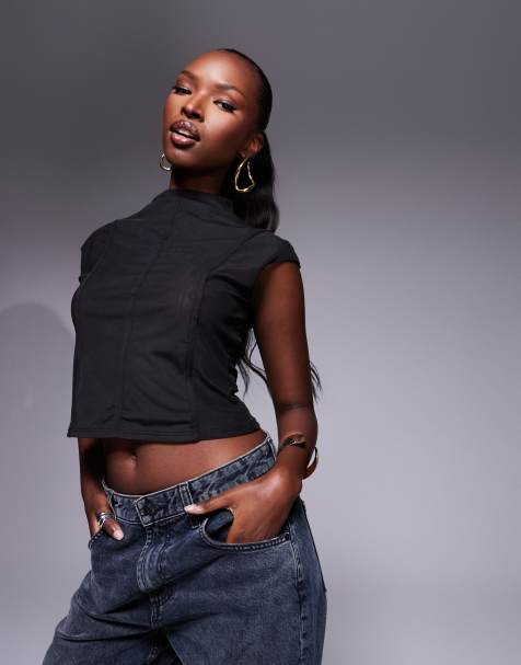 ASOS DESIGN - Top van mesh met hoge hals en buisdetail met aangegroeide kapmouwen in zwart - view 1