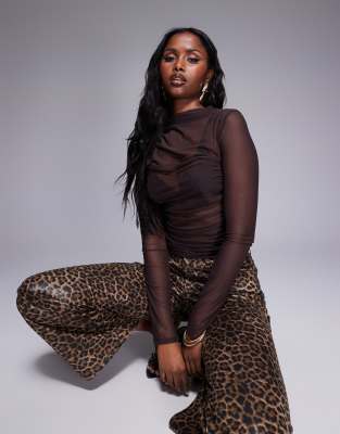 ASOS DESIGN - Top van mesh met lange mouwen en gerimpelde zijkant in bruin - view 1