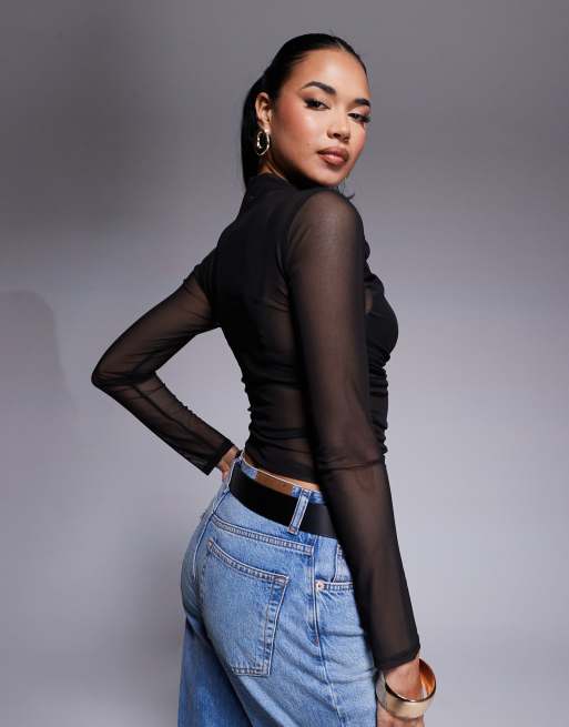 ASOS DESIGN - Top van mesh met lange mouwen en gerimpelde zijkant in zwart, 3 van 4