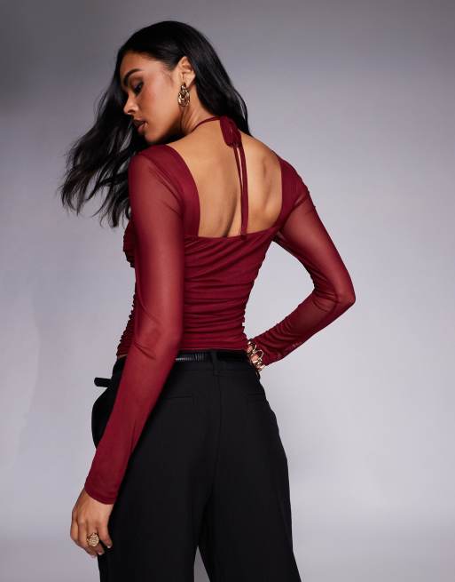 ASOS DESIGN - Top van mesh met lange mouwen en halternek in wijnrood, 2 van 4