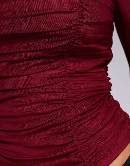 ASOS DESIGN - Top van mesh met lange mouwen en halternek in wijnrood, 3 van 4