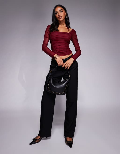 ASOS DESIGN - Top van mesh met lange mouwen en halternek in wijnrood, 4 van 4
