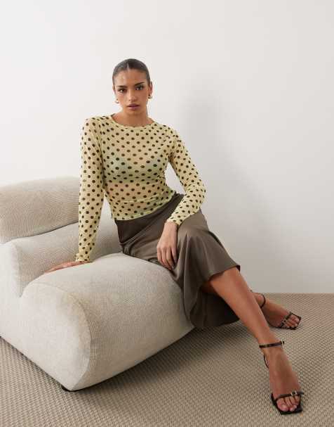 ASOS DESIGN - Top van mesh met lange mouwen en print in geel en bruin met stippen - view 1