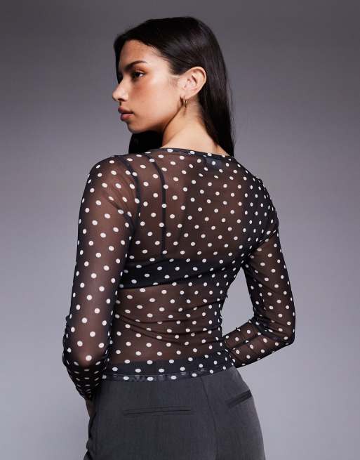 ASOS DESIGN - Top van mesh met lange mouwen en stippen in zwart-wit, 2 van 4