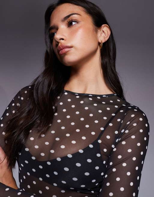 ASOS DESIGN - Top van mesh met lange mouwen en stippen in zwart-wit, 4 van 4
