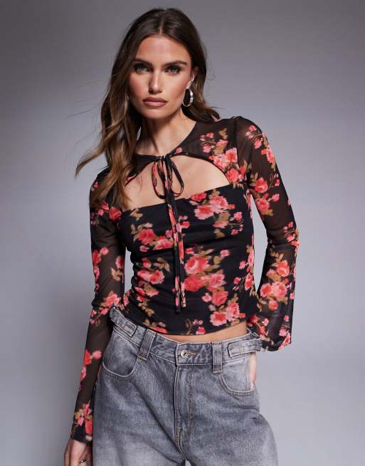 ASOS DESIGN - Top van mesh met lange mouwen en strikdetail in zwart met bloemenprint