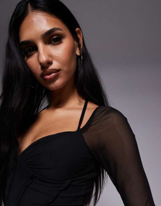 ASOS DESIGN - Top van mesh met lange mouwen en zichtbare naden in zwart, 3 van 4