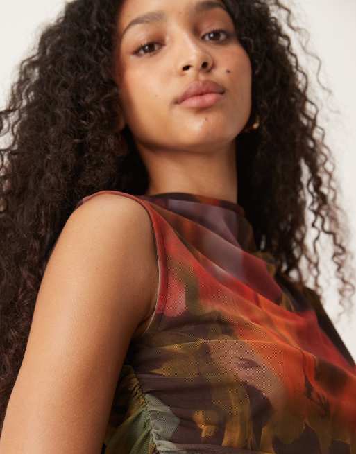 ASOS DESIGN - Top van mesh met vervaagde bloemenprint in bruin, deel van co-ord set, 4 van 4
