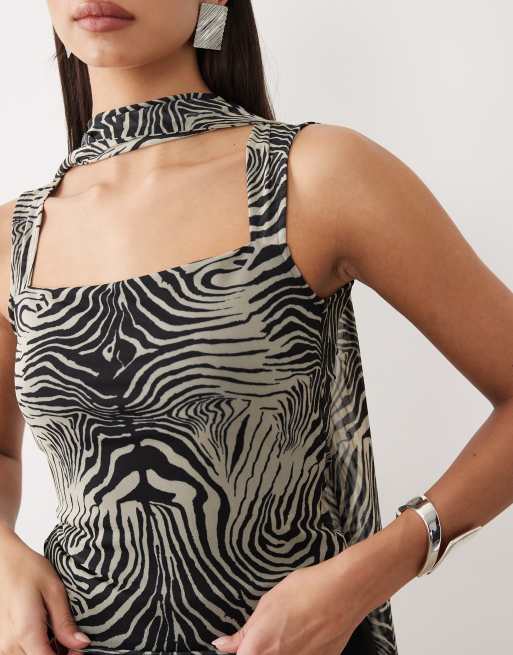 ASOS DESIGN - Top van mesh met vierkante hals en sjaaldetail in zebraprint, 4 van 4