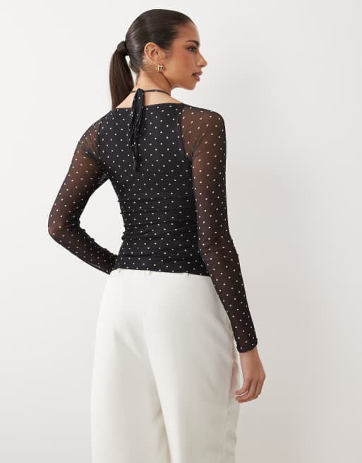 ASOS DESIGN - Top van mesh met zichtbare naden, lange mouwen en stippenprint, 4 van 4