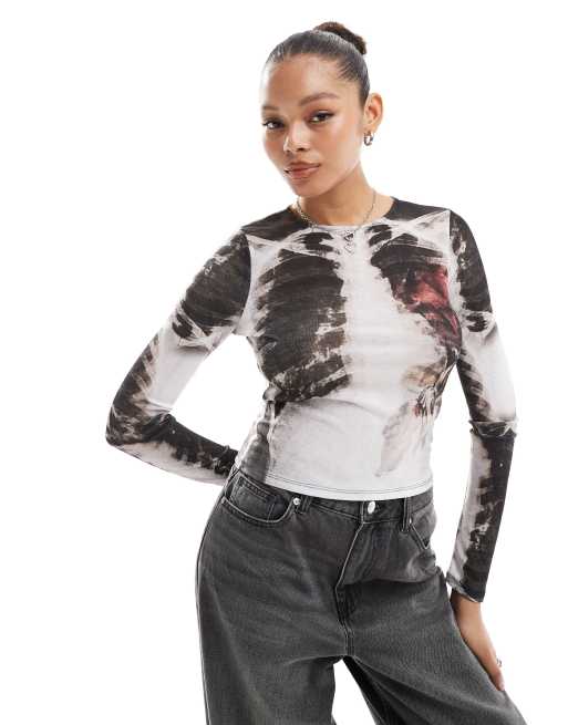 ASOS DESIGN - Top van mesh ribbenprint en lange mouwen in multi