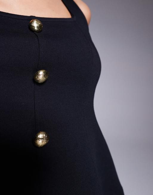 ASOS DESIGN - Top van ponté met ingenomen taille, vierkante hals en knoopsluiting in zwart, 3 van 4