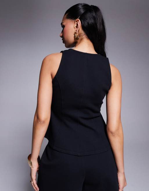 ASOS DESIGN - Top van ponté met ingenomen taille, vierkante hals en knoopsluiting in zwart, 4 van 4