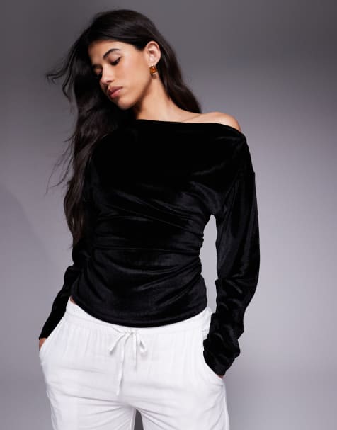 ASOS DESIGN - Top van ribfluweel met versmalde taille en blote schouders in zwart - view 1