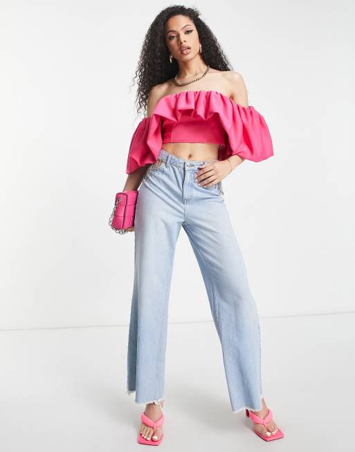 ASOS DESIGN - Top van scubastof met blote schouder en overdreven mouw in roze
