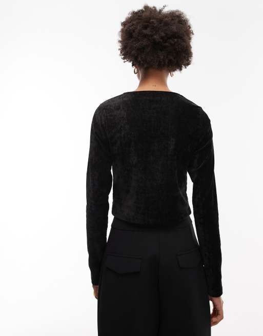 ASOS DESIGN - Top van velours met lange mouwen en knoopsluiting in zwart, 3 van 4