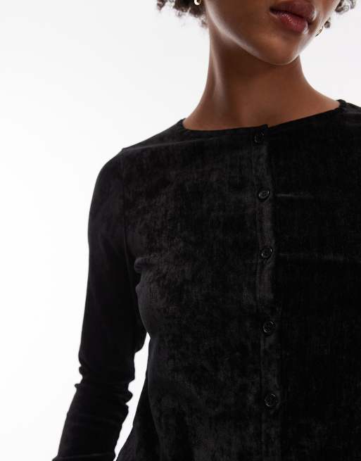 ASOS DESIGN - Top van velours met lange mouwen en knoopsluiting in zwart, 4 van 4