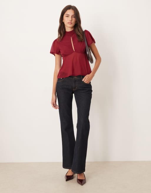 ASOS DESIGN - Top vaporoso in rete rosso con allacciatura sul retro e maniche con volant, 3 di 4