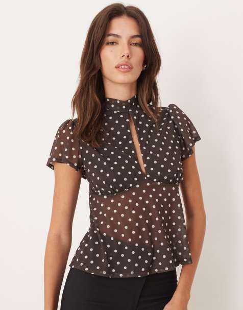 ASOS DESIGN - Top vaporoso in tessuto a rete marrone a pois bianchi con maniche con volant e allacciatura sul retro - view 1