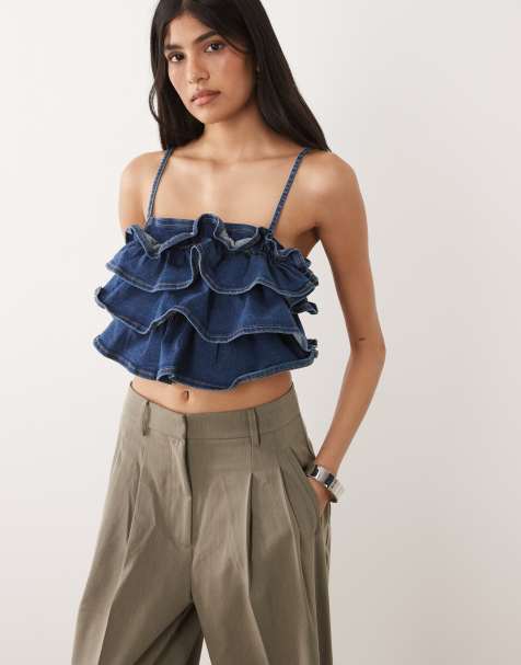 ASOS DESIGN - Top vaquero azul medio oscuro con escote palabra de honor y volantes (parte de un conjunto) - view 1