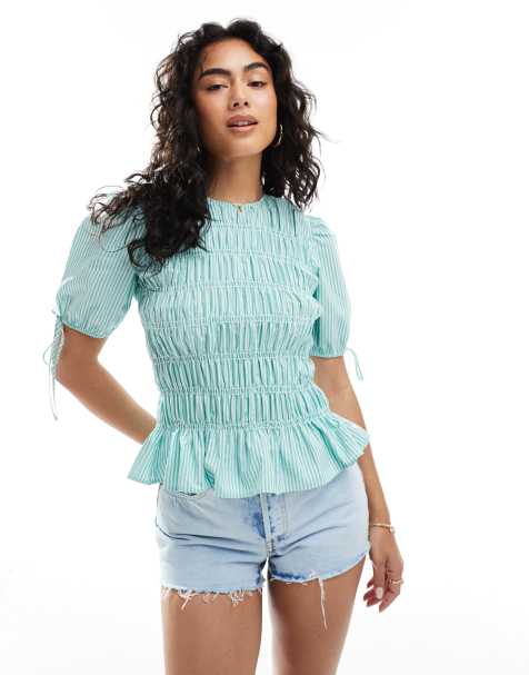 ASOS DESIGN - Top verde a righe arricciato con maniche a sbuffo - view 1