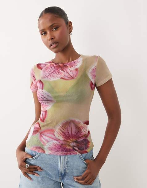 ASOS DESIGN - Top verde transparente con diseño encogido y estampado floral de malla - view 1
