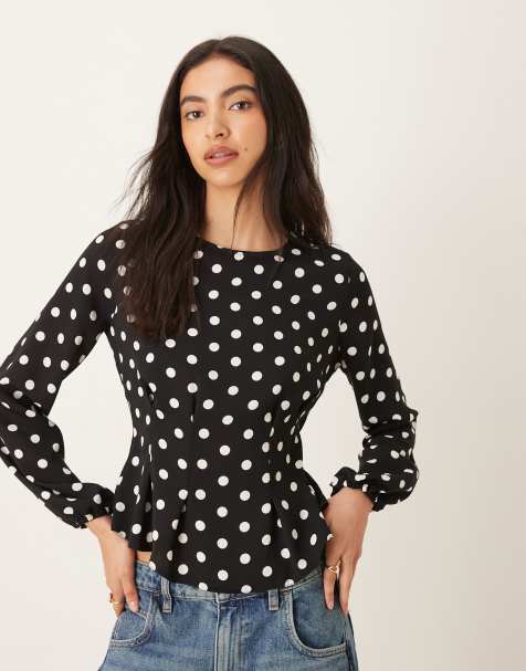 ASOS DESIGN long sleeve peplum top in polka dot