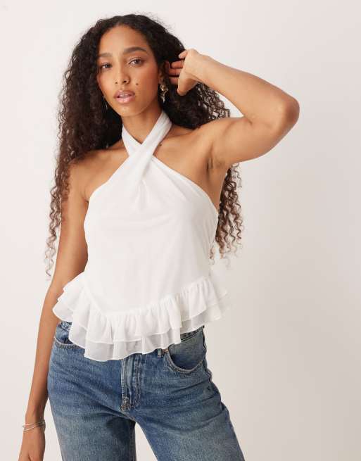 ASOS DESIGN – Top w kolorze kości słoniowej z falbankami i skręconym dekoltem typu halter