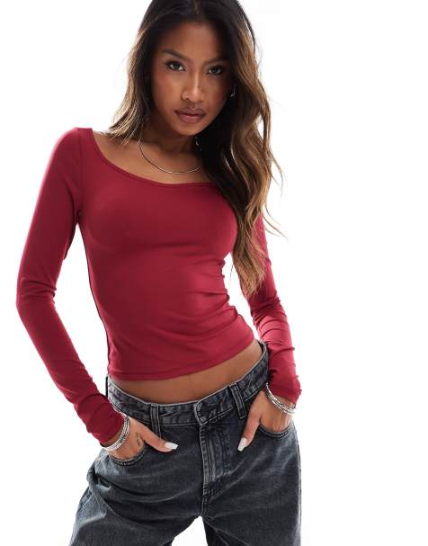 ASOS DESIGN extreme boat neck long sleeve top in wine