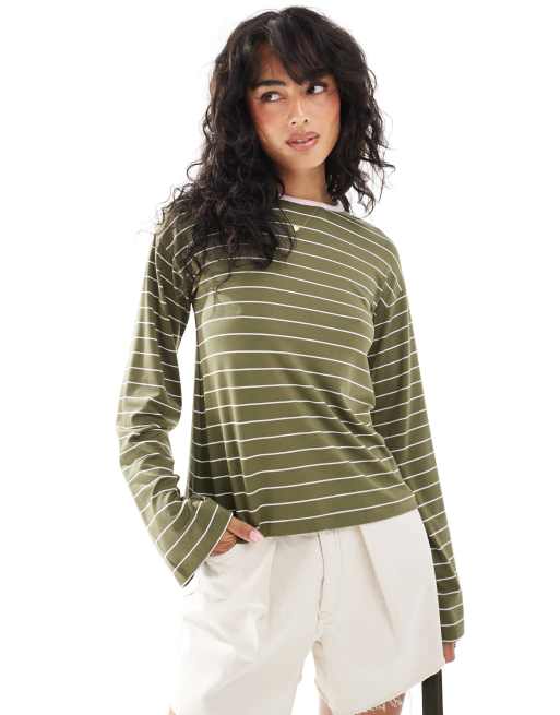 ASOS DESIGN – Top w paski w kolorze khaki z długim rękawem i kontrastowym wykończeniem