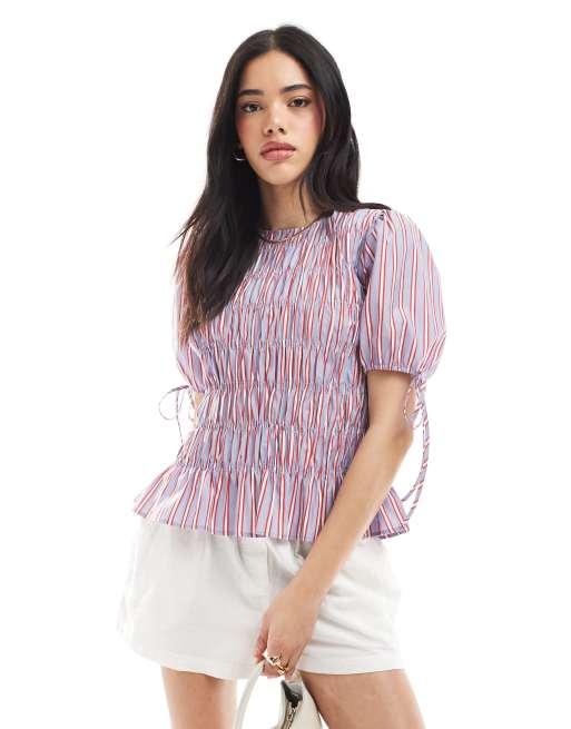 ASOS DESIGN – Top w paski z bufkami i ozdobnym marszczeniem, 4 z 4
