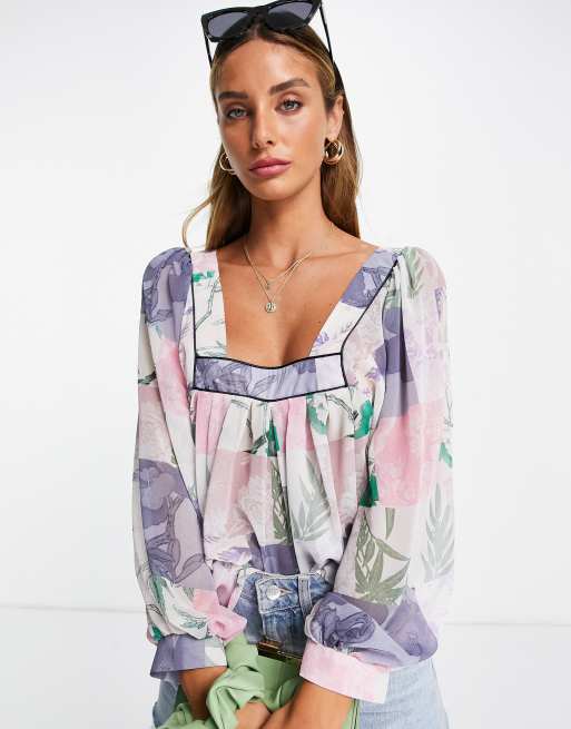 ASOS DESIGN – Top w patchworkowy wzór kwiatowy z kwadratowym dekoltem i obszernym rękawem z obcisłym mankietem 