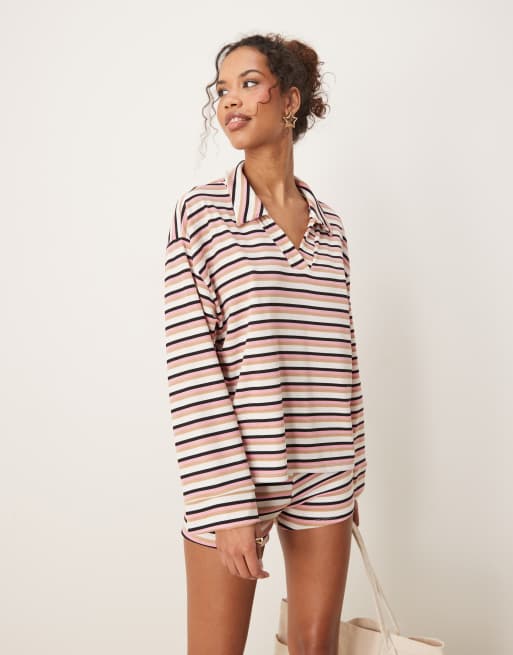ASOS DESIGN – Top w różowe paski z długimi rękawami i kołnierzykiem w stylu rugby, część zestawu