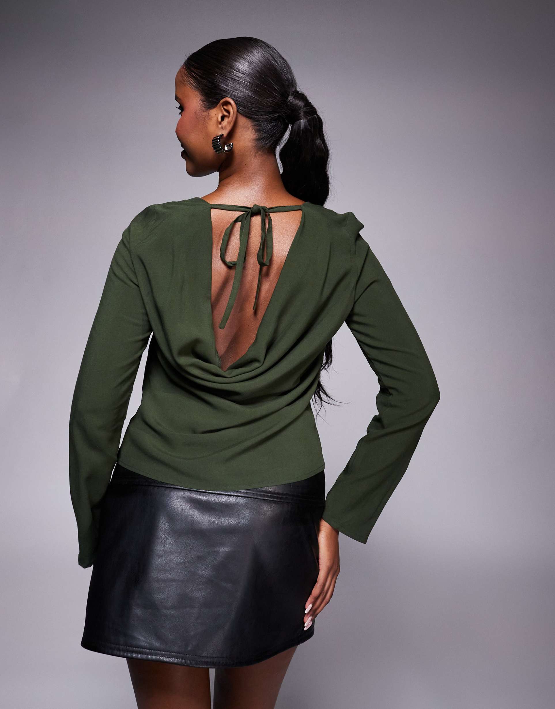 asos design top with cowl back detail in khaki