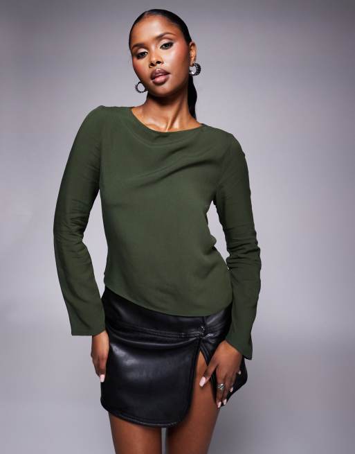ASOS DESIGN top with cowl back detail in khaki
