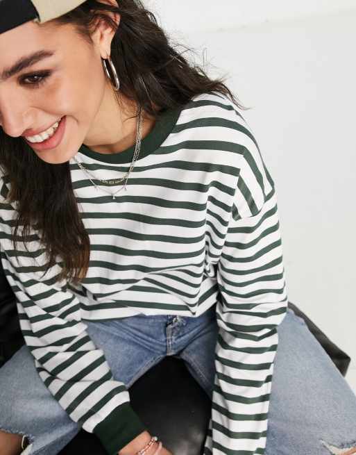ASOS DESIGN top with cuff detail in stripe white & khaki